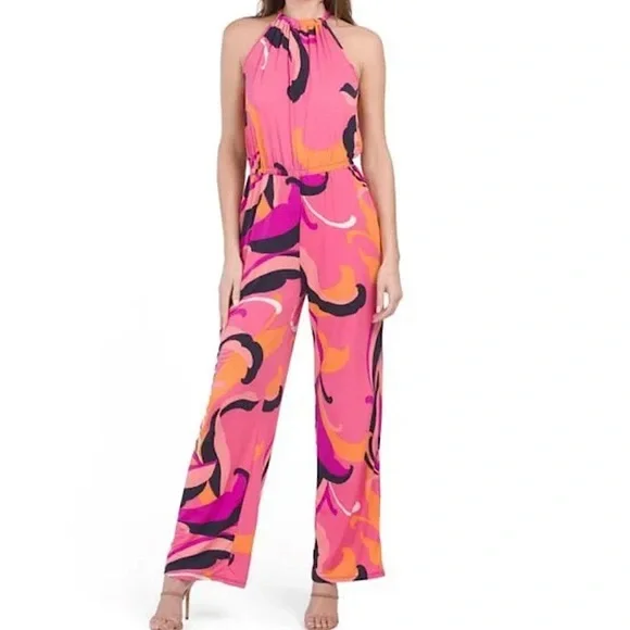 ✅TRINA TRINA TURK Pink Multi Juju Halter Printed Jumpsuit Sz medium - Picture 4 of 6